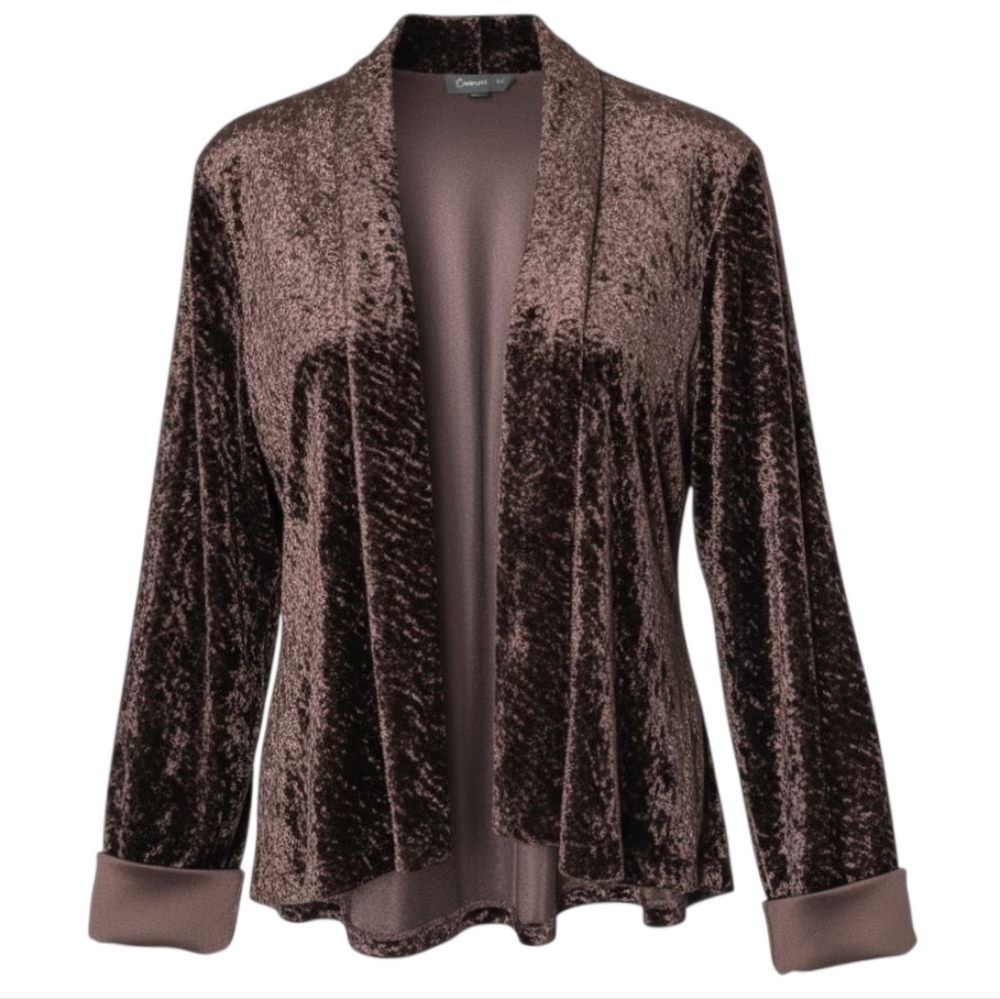 Connected Chocolate Brown Crushed Velvet Drape Cardigan Soft Boho Luxe Jacket